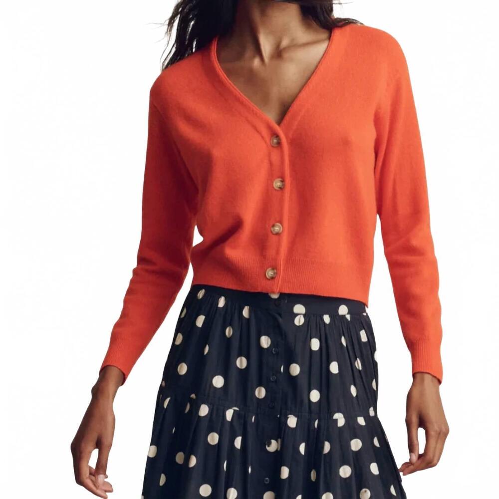 NEW THE GREAT. the cashmere tiny v neck cardigan in hot orange